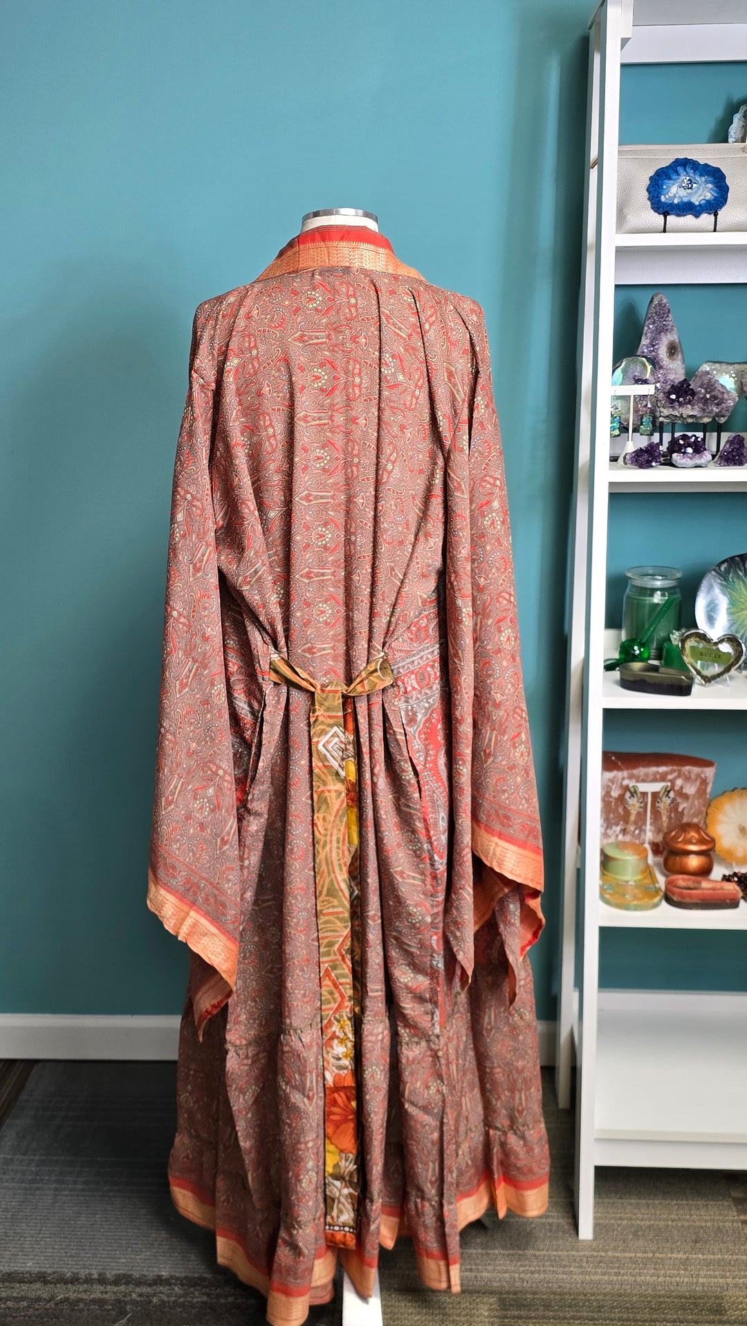The Crimson Whisper Vintage Sari Silk Kimono