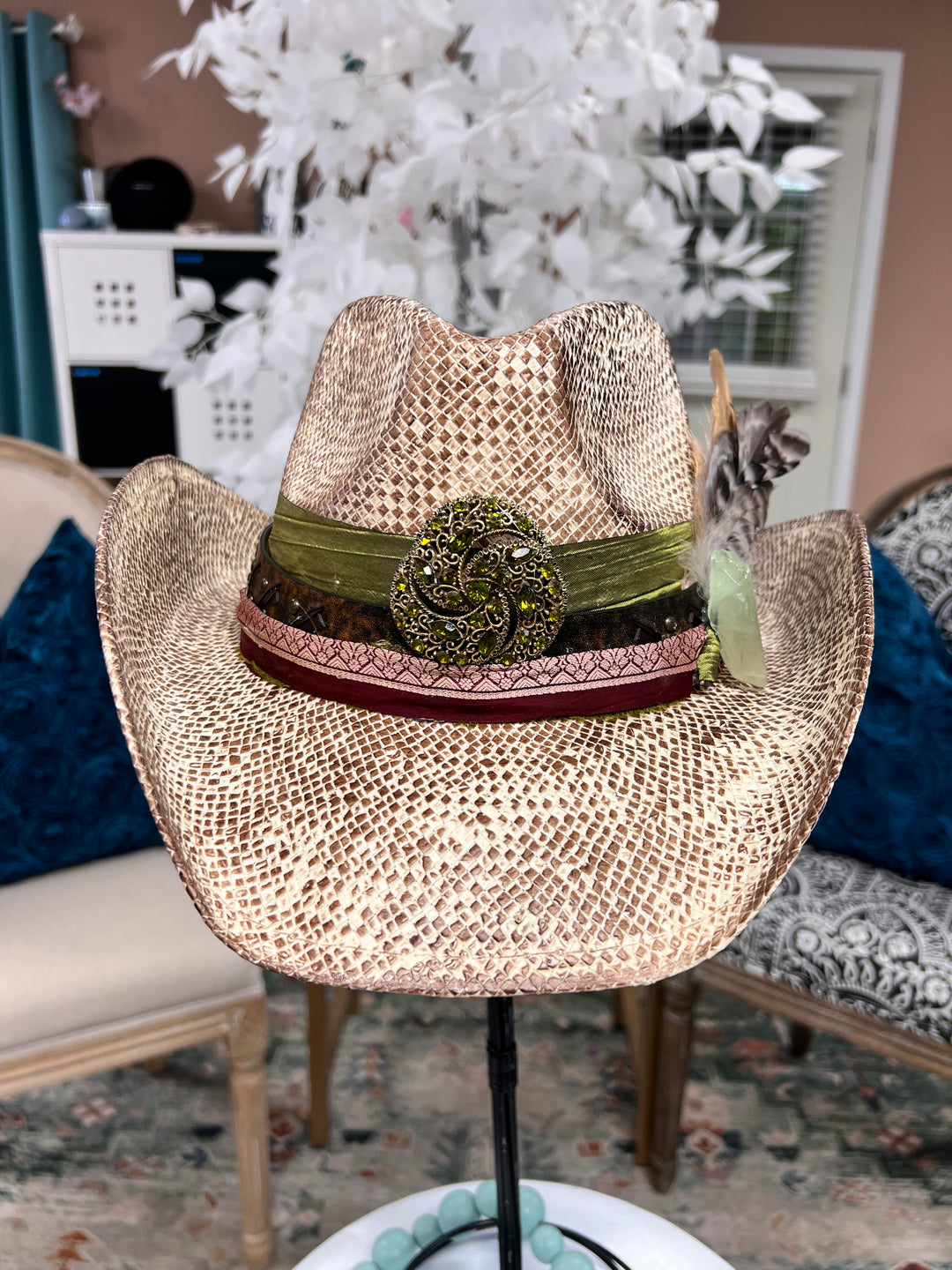The Green Vintage Broach Cowboy Boho Hat