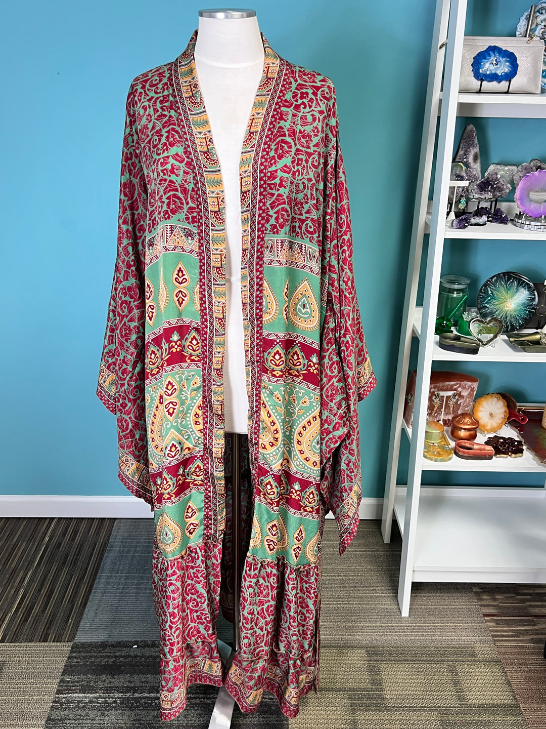 The Crimson Bloom Vintage Sari Silk Kimono