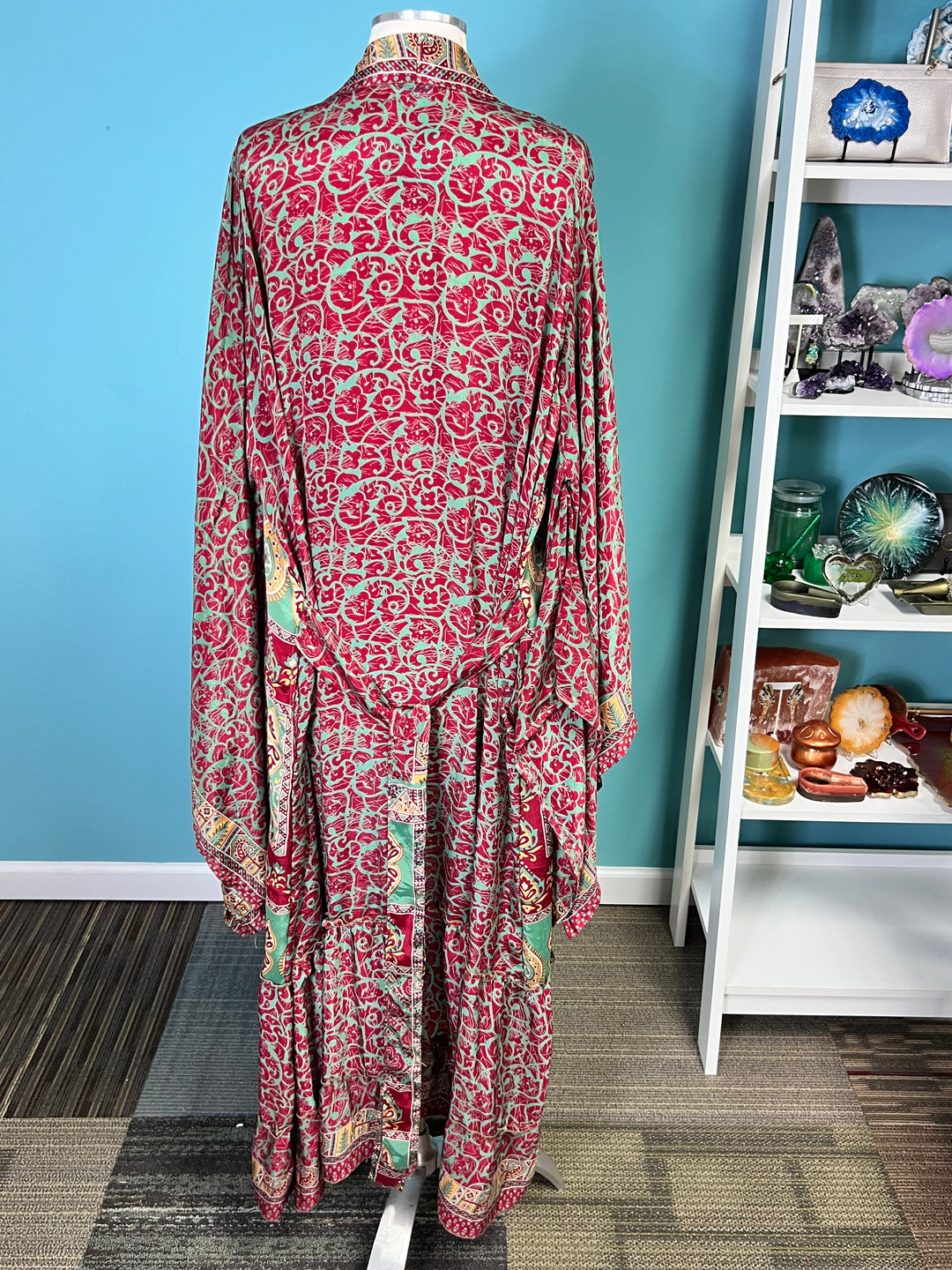 The Crimson Bloom Vintage Sari Silk Kimono