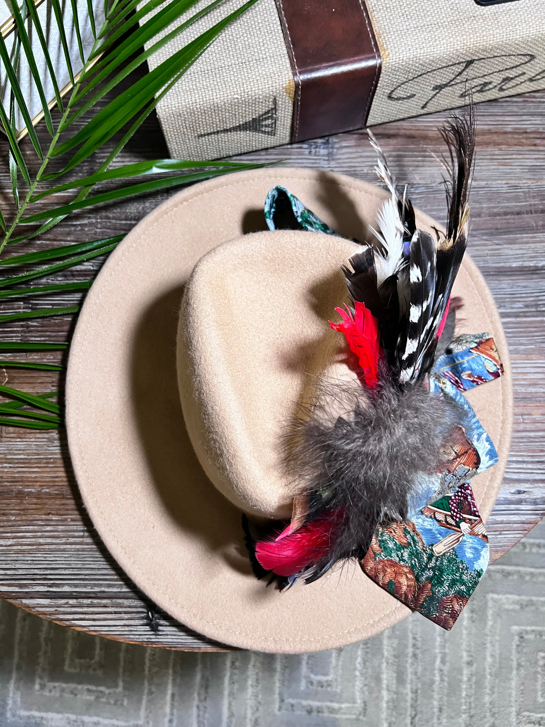 The Tan Feathered Tie Hat