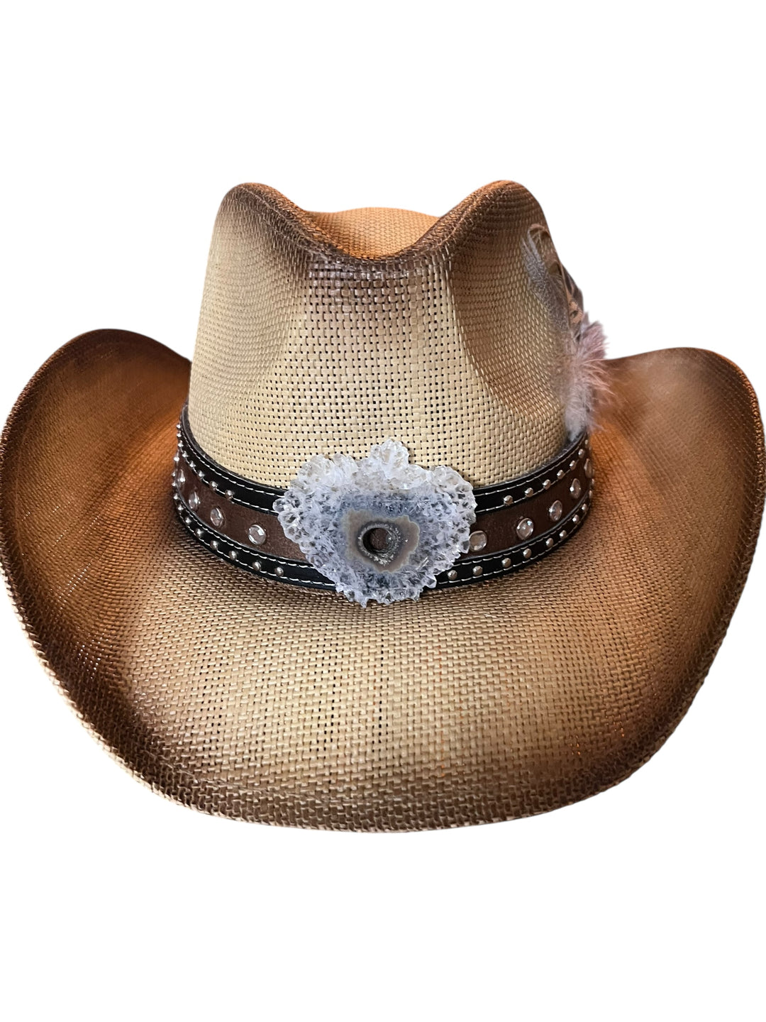 The White Amethyst Stalactite Studded Feather Boho Cowboy Hat