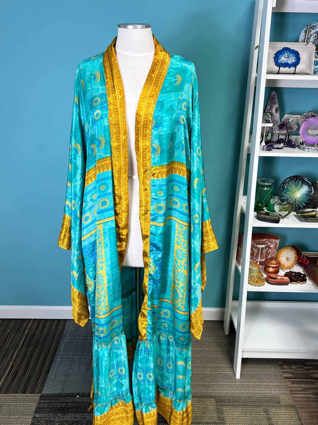 The Aqua Gold Luxe Vintage Sari Silk Kimono
