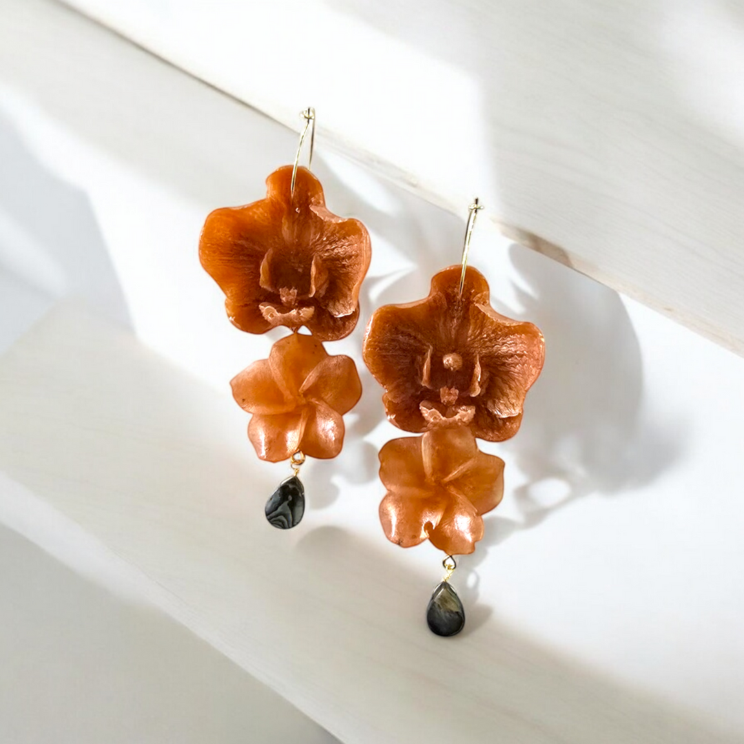 The Resin Orchid Triole Abalone Dangle Earrings