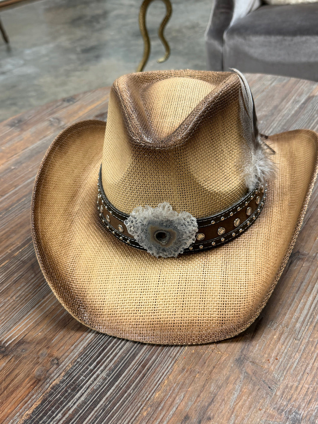 The White Amethyst Stalactite Studded Feather Boho Cowboy Hat