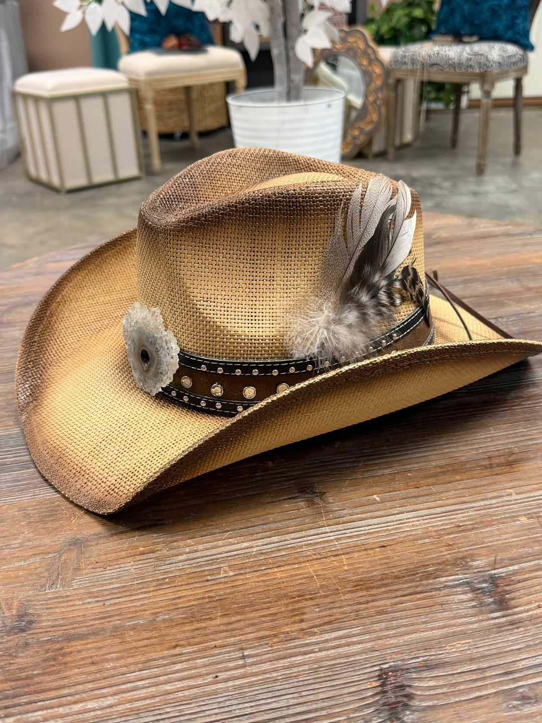 The White Amethyst Stalactite Studded Feather Boho Cowboy Hat