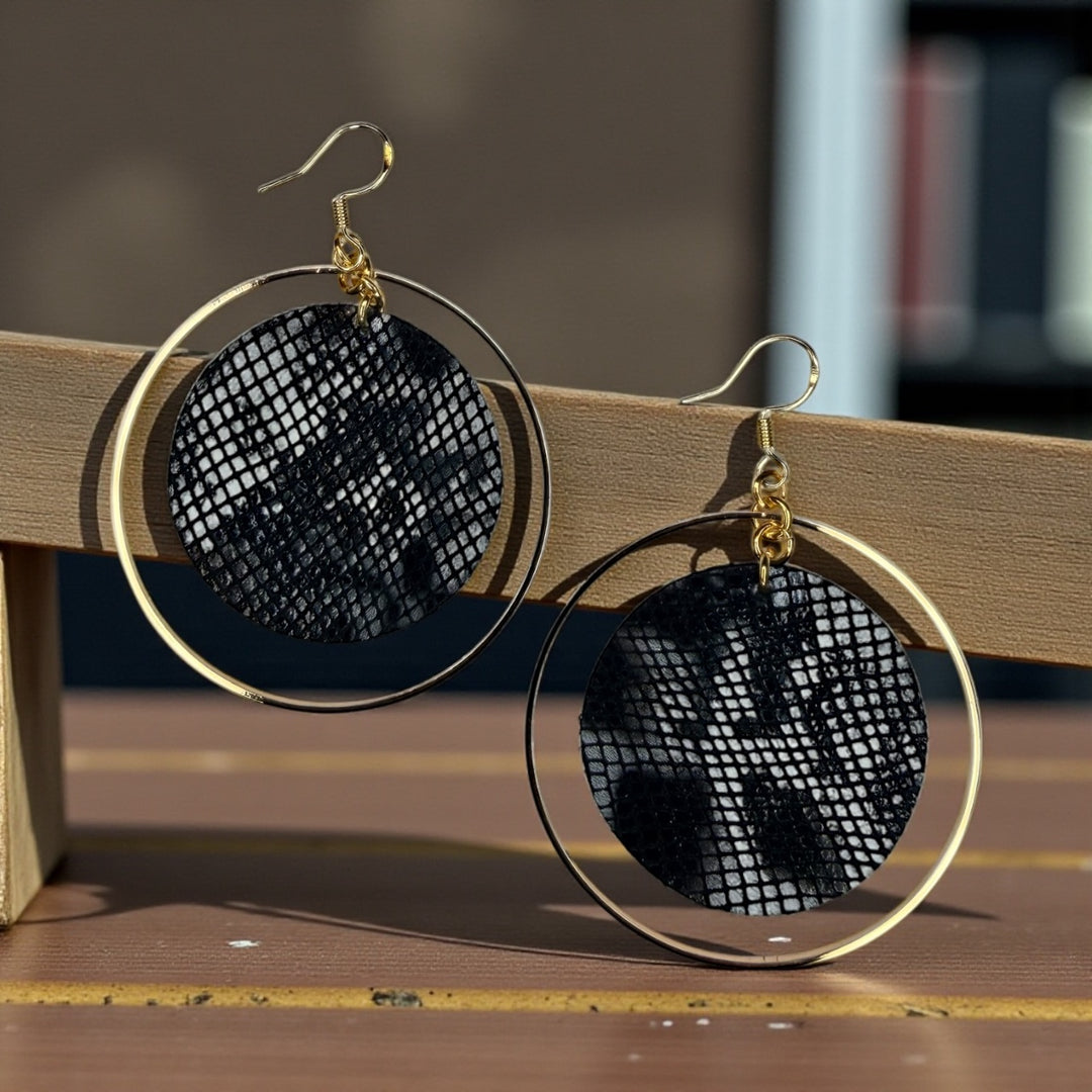 The Black and White Embossed Leather Hoop Earrings