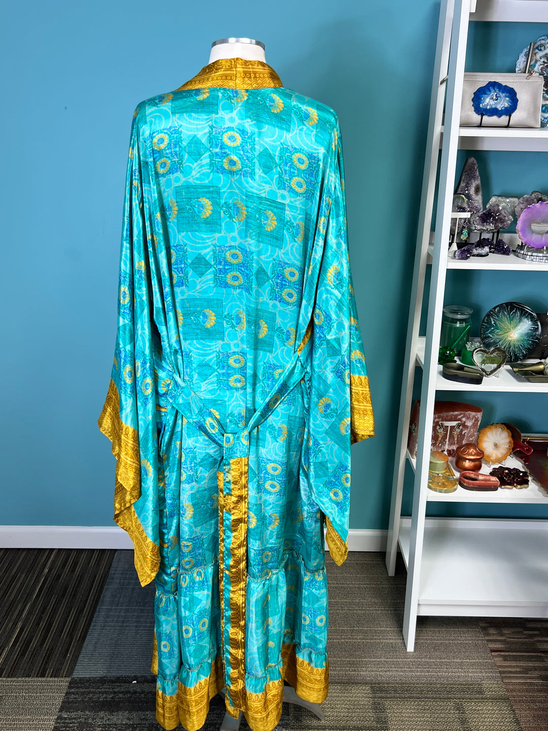 The Aqua Gold Luxe Vintage Sari Silk Kimono