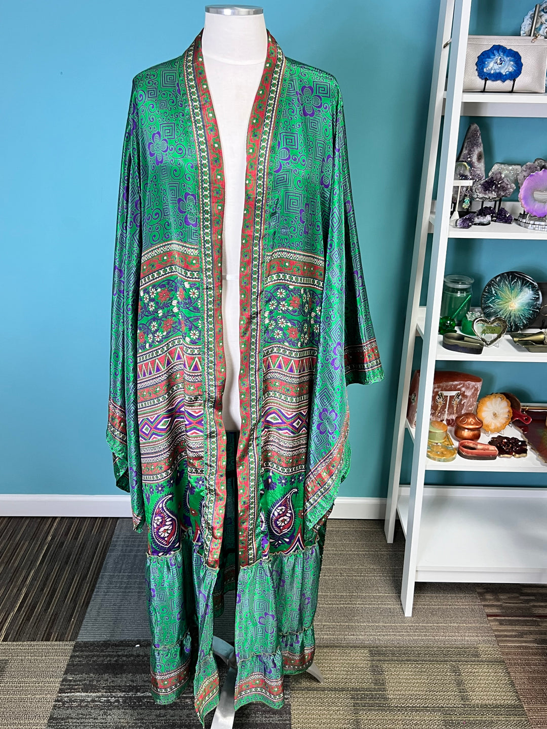 The Emerald Green Vintage Sari Silk Kimono