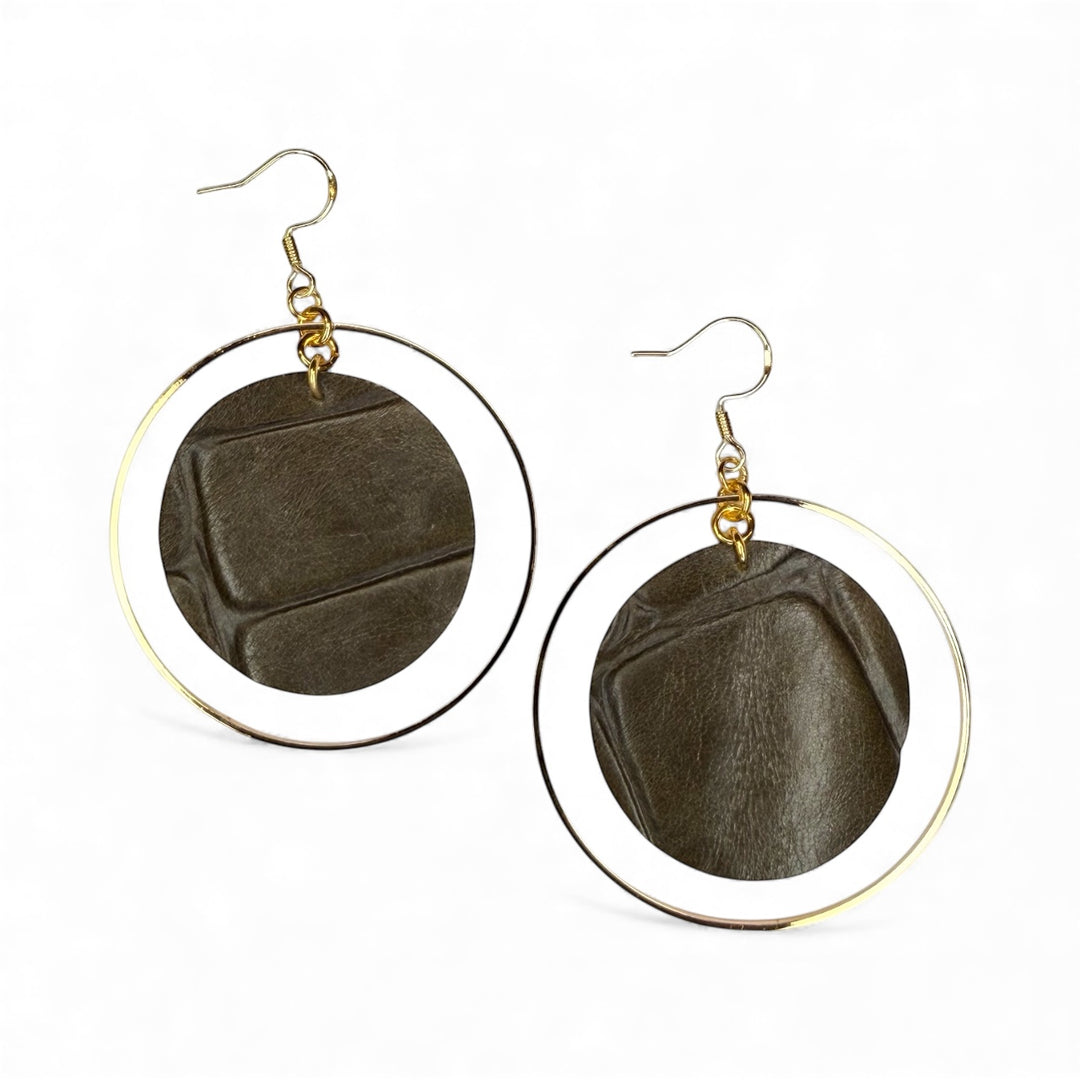 The Deep Olive Green Leather Hoop Earrings