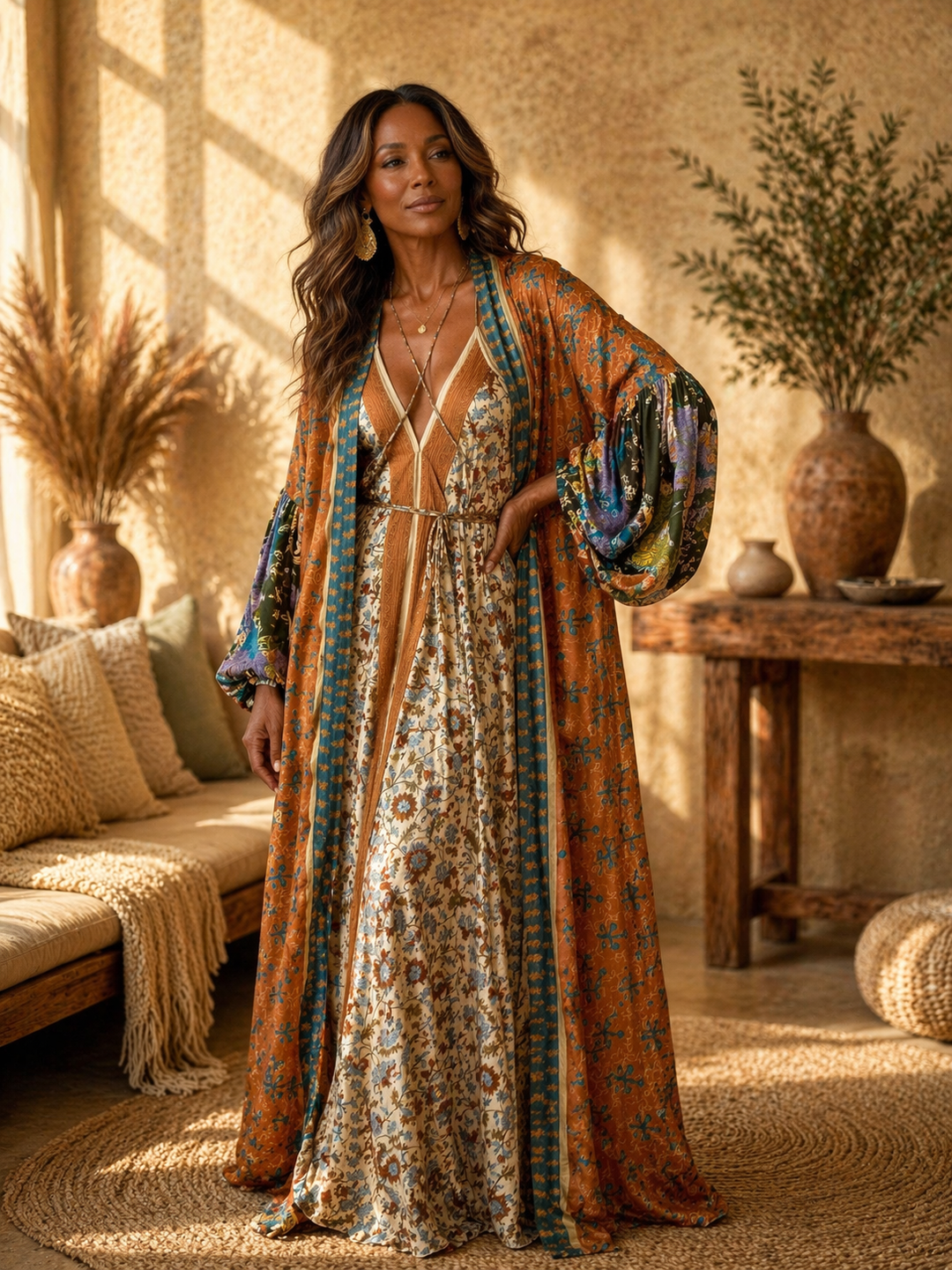 The Desert Empress Vintage Silk Two-Piece Set - Kimono Duster & Point Dress