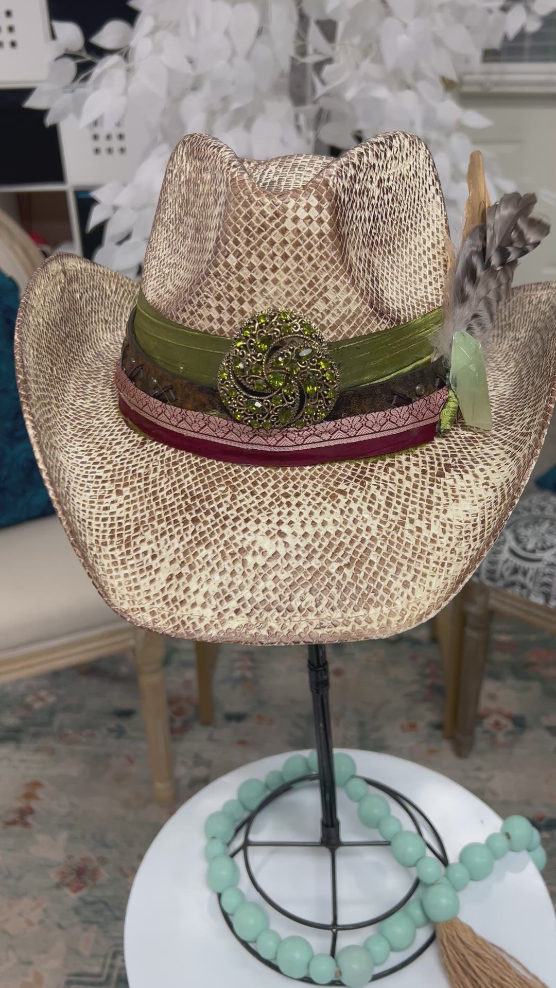 The Green Vintage Broach Cowboy Boho Hat