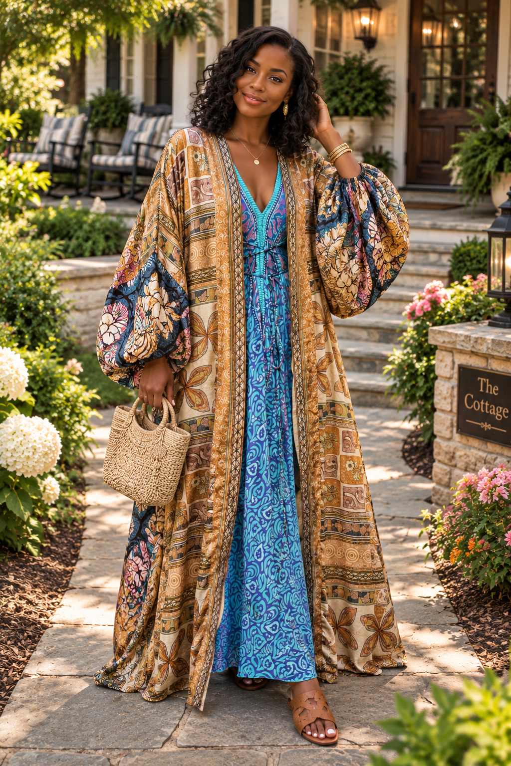 The Bohemian Mosaic Silk Vault Tulip Arm Long Kimono & Point Dress Set-232