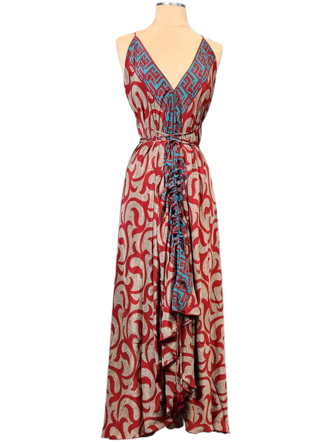 The Turquoise Crimson Dream Silk Vault Tulip Arm Long Kimono & Point Dress Set-236