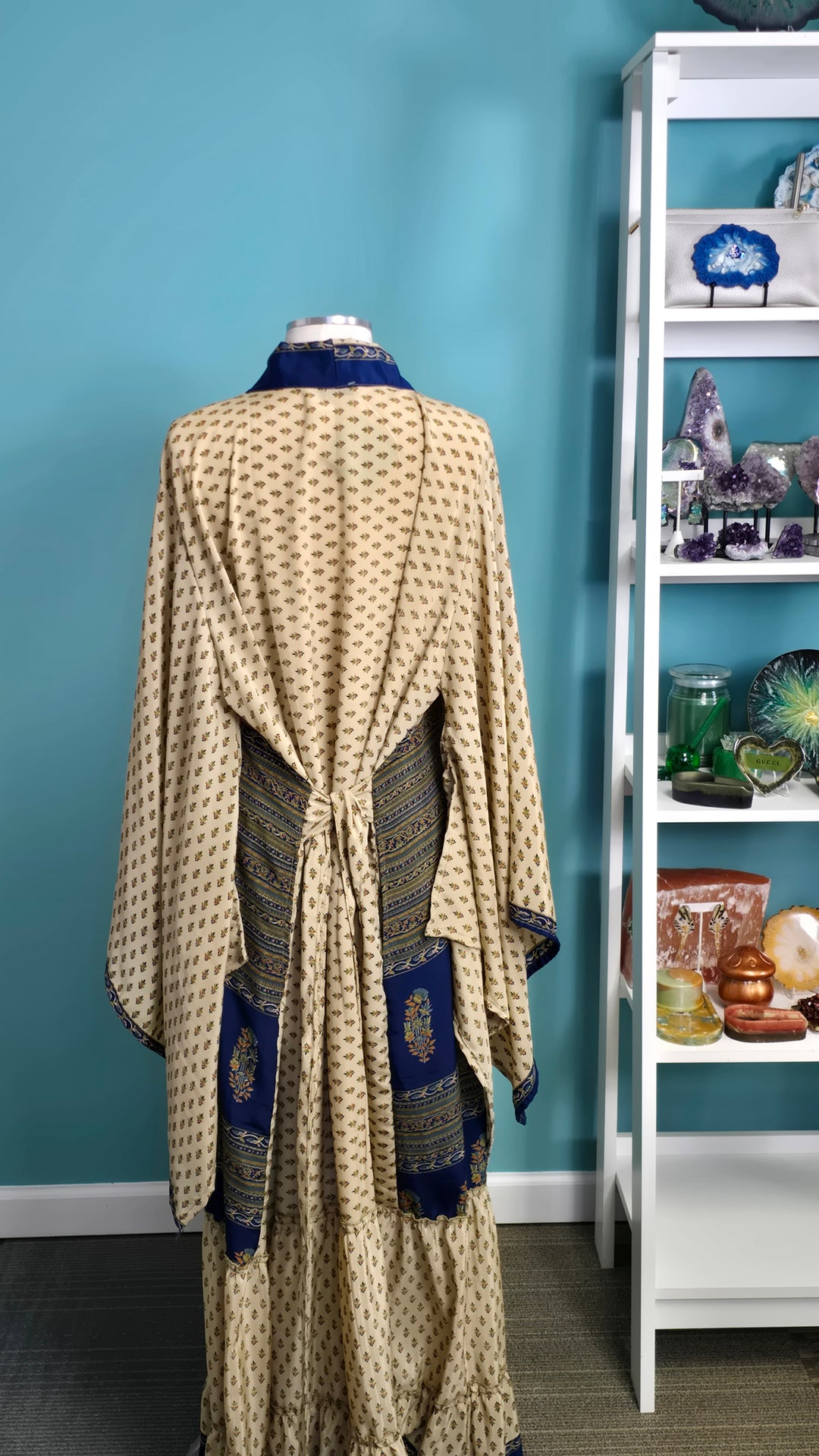 The Beige and Royal Blue Vintage Sari Silk Kimono