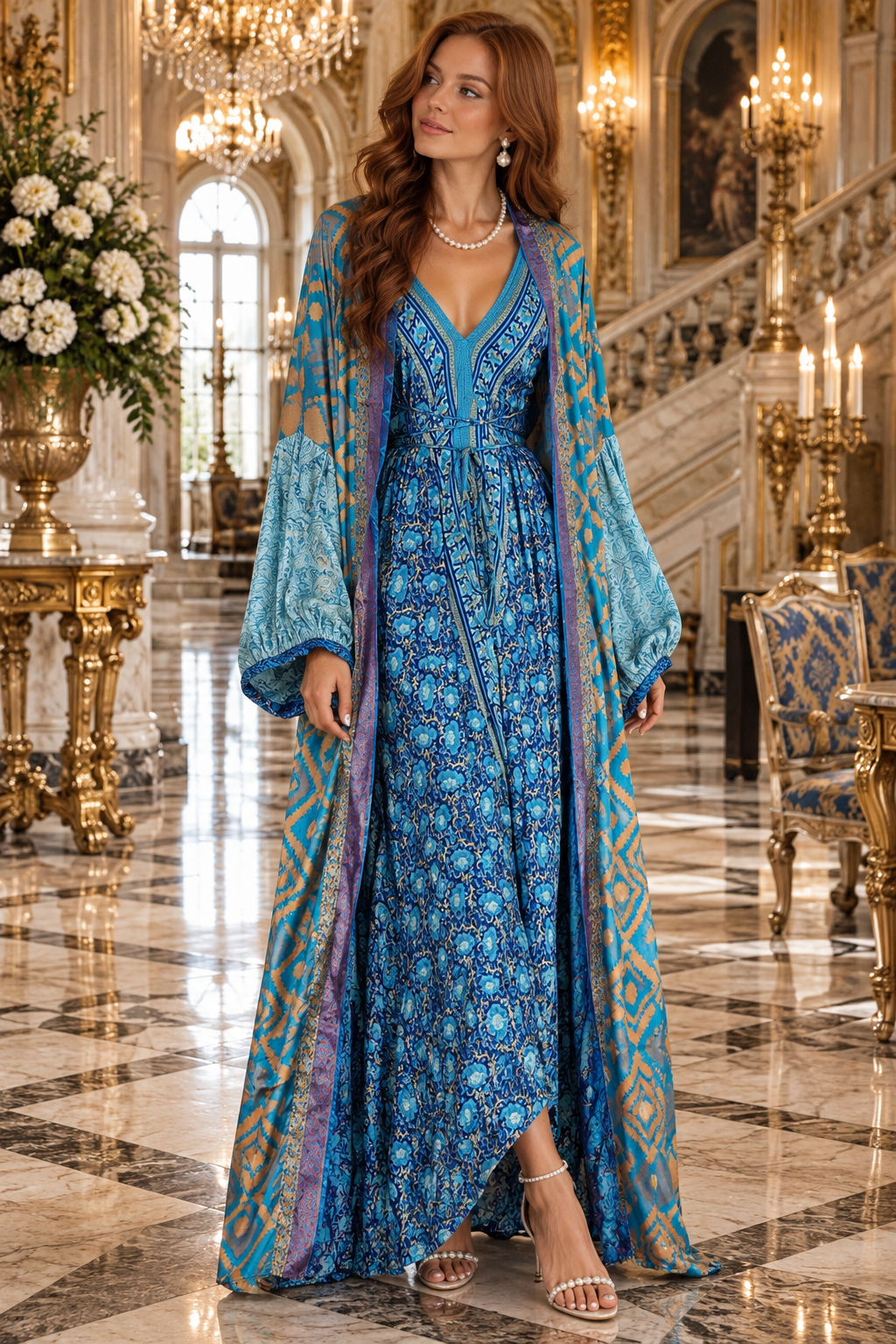 The Royal Azure Silk Vault Tulip Arm Long Kimono & Point Dress Set-237