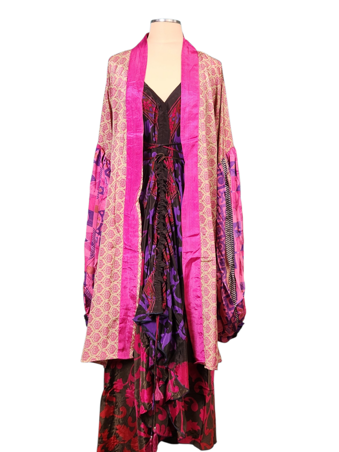 The Midnight Fuchsia Paradise Silk Vault Tulip Arm Short Kimono & Point Dress Set-216
