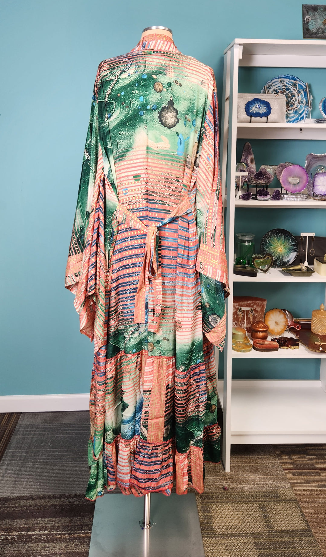 The Emerald Oasis Silk Kimono & Point Dress Set - 206