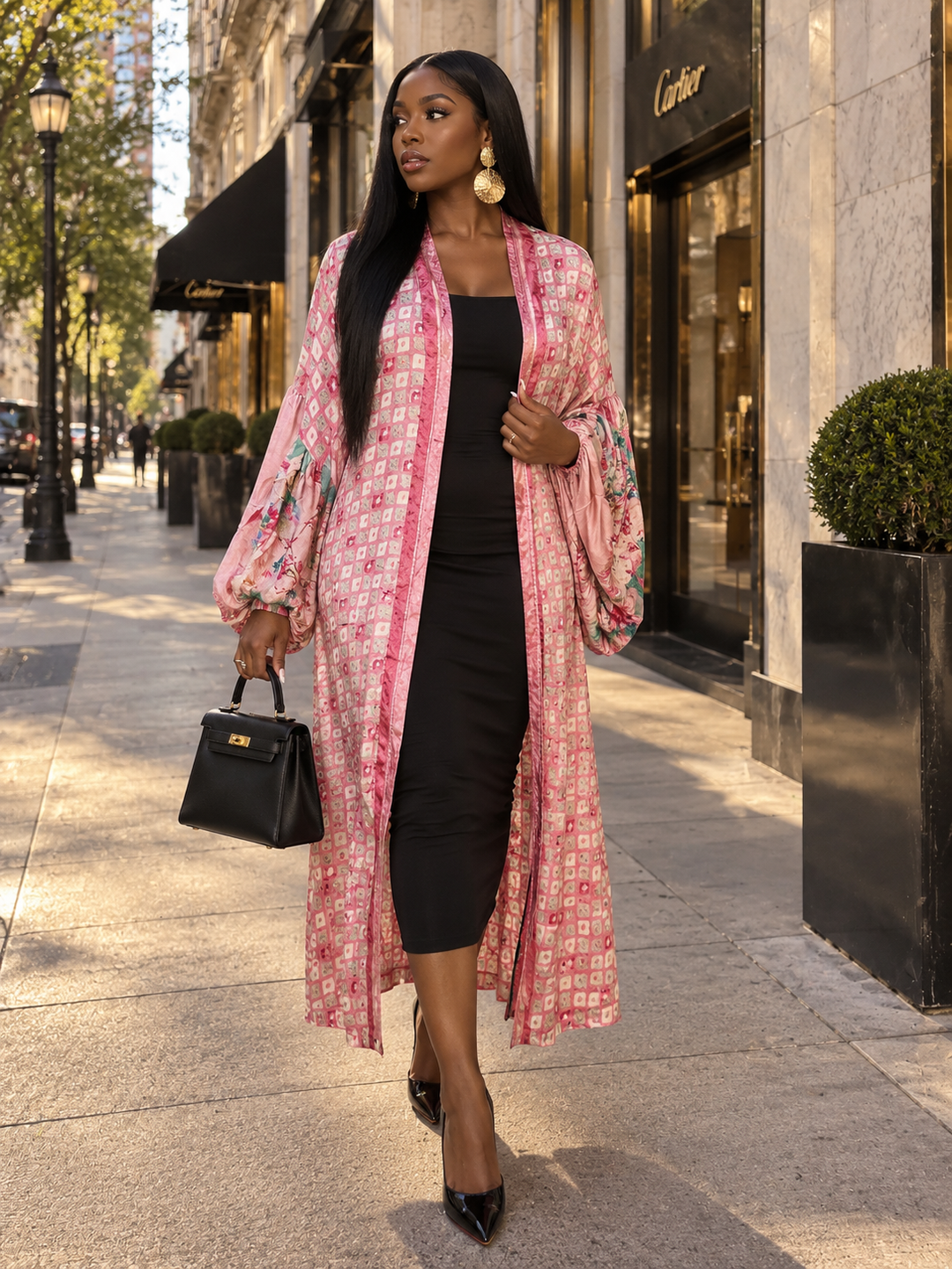 The Pink Blossom Mosaic Tulip Sleeve Long Kimono-169