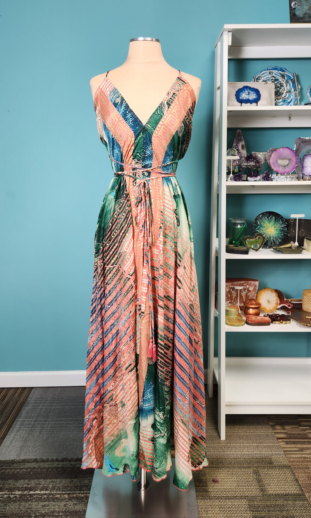 The Emerald Oasis Silk Kimono & Point Dress Set - 206
