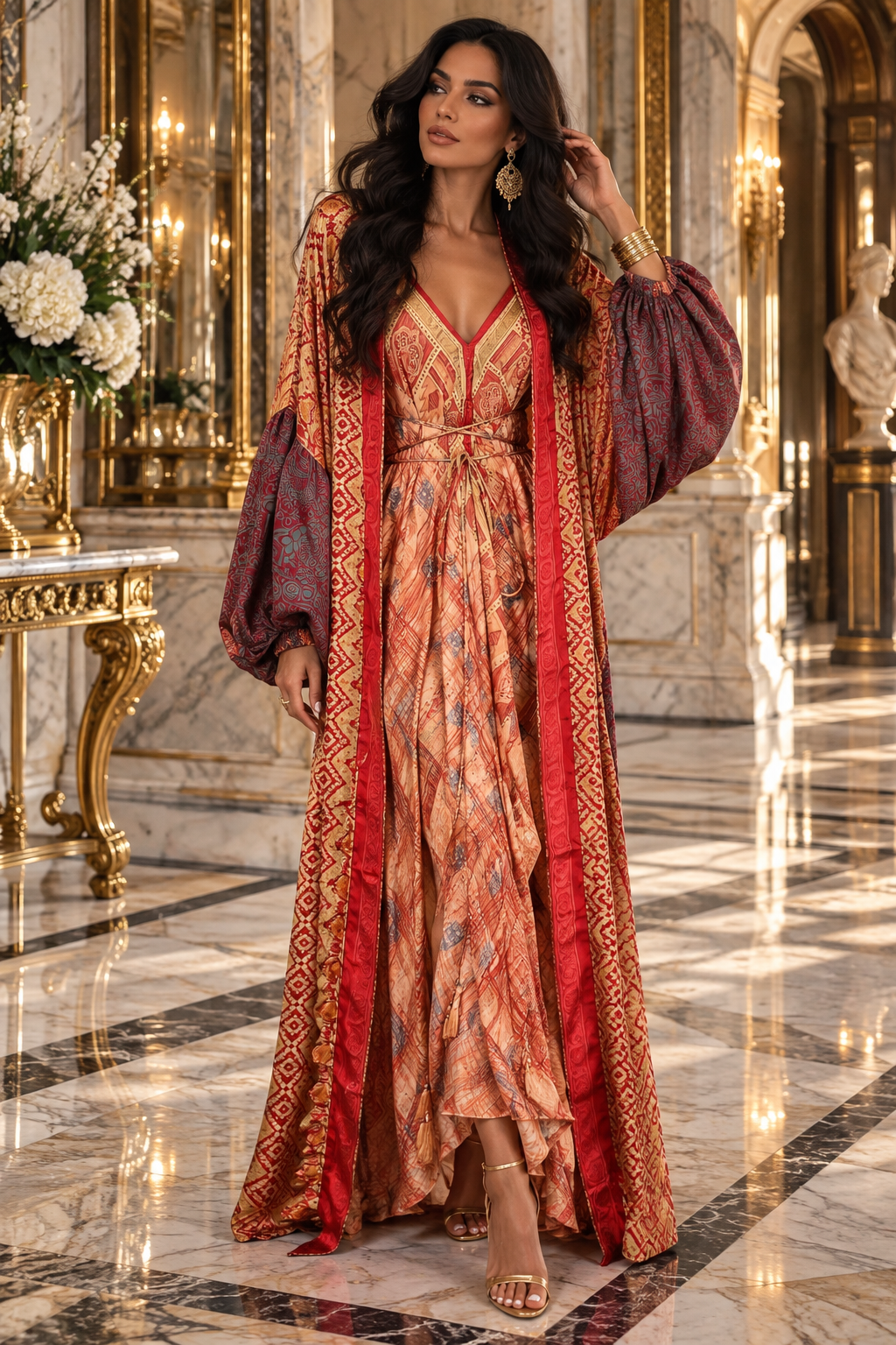The Sunkissed Royalty Silk Vault Tulip Arm Long Kimono & Point Dress Set-238