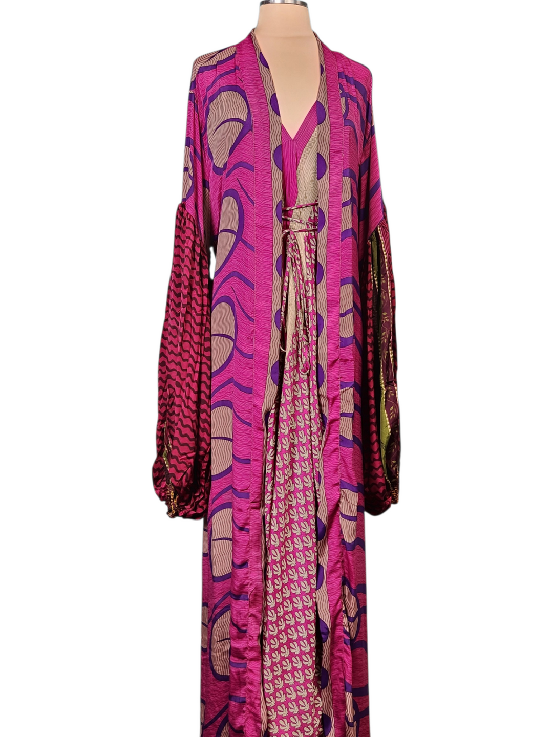 The Fuchsia Eclipse Silk Vault Tulip Arm Long Kimono & Point Dress Set-241