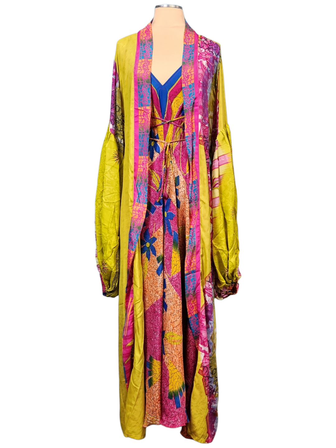The Vibrant Muse Silk Vault Tulip Arm Long Kimono & Point Dress Set-239