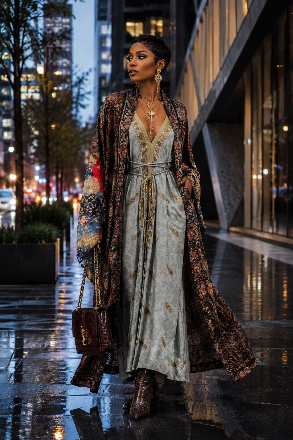 The Moonlit Paisley Vault Silk Tulip Arm Kimono & Point Dress Set