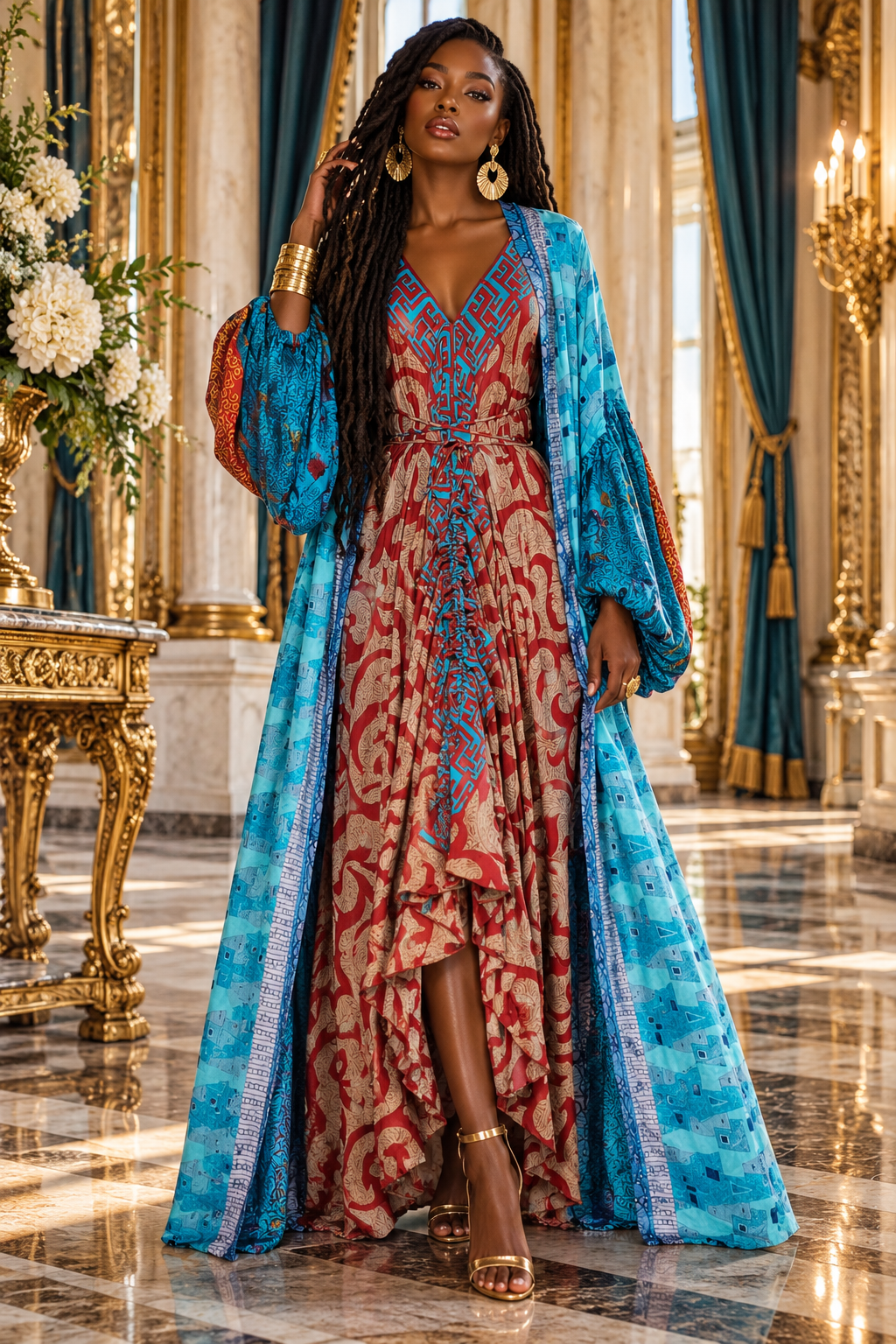 The Turquoise Crimson Dream Silk Vault Tulip Arm Long Kimono & Point Dress Set-236
