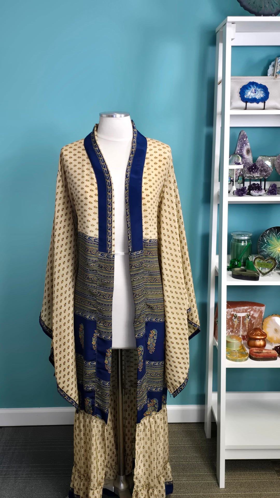 The Beige and Royal Blue Vintage Sari Silk Kimono