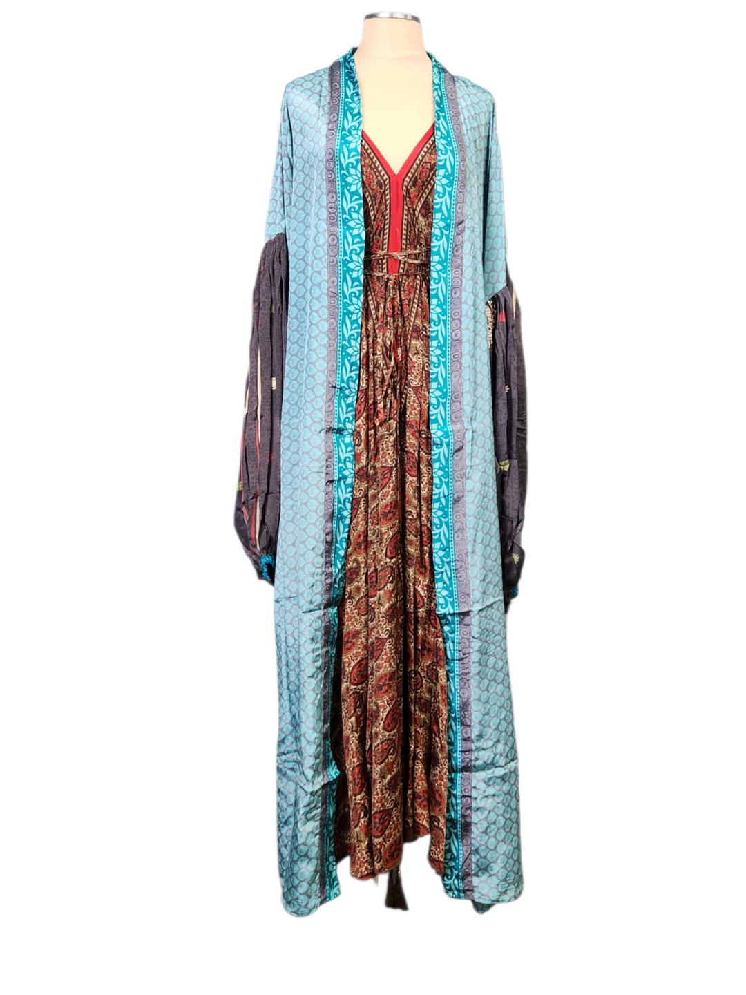 The Turquoise Ember Silk Vault Tulip Arm Long Kimono & Point Dress Set-242