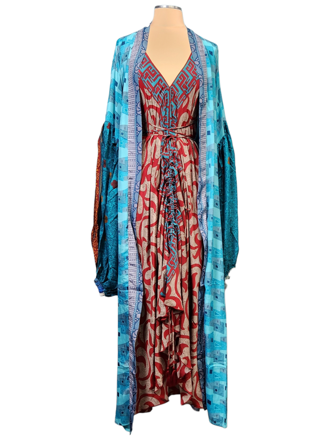 The Turquoise Crimson Dream Silk Vault Tulip Arm Long Kimono & Point Dress Set-236