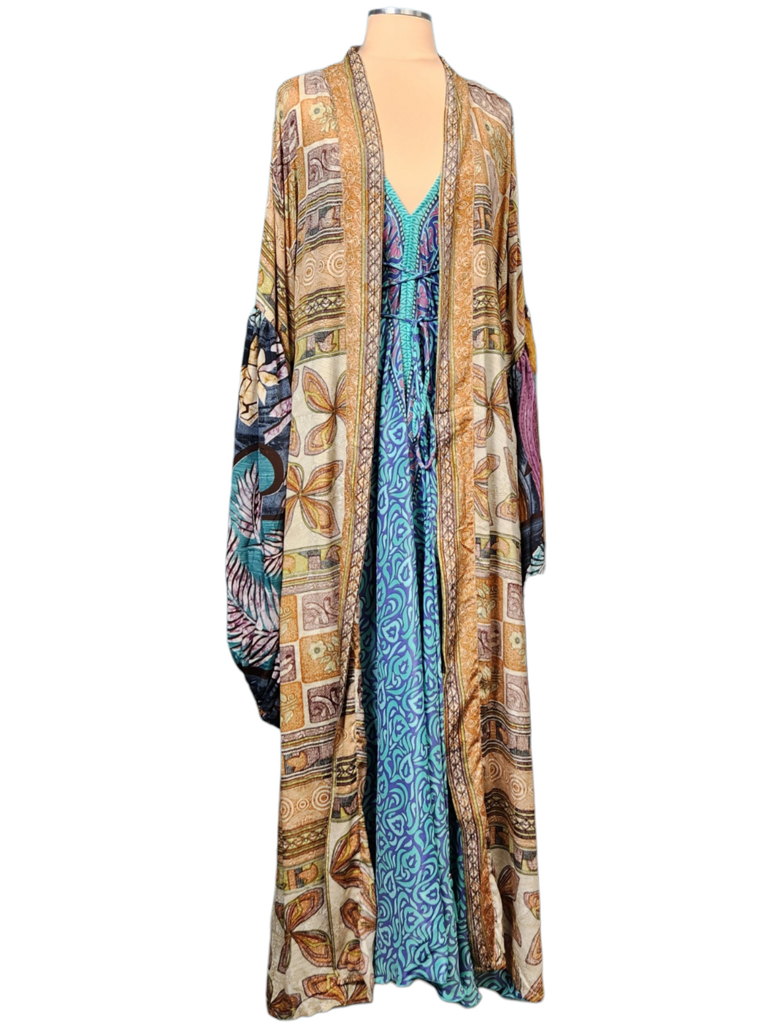 The Bohemian Mosaic Silk Vault Tulip Arm Long Kimono & Point Dress Set-232