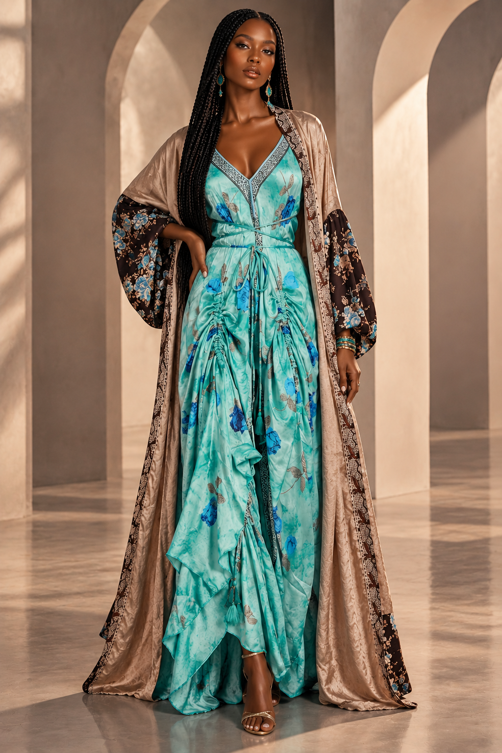 The Azure Bloom Silk Vault Tulip Arm Long Kimono & Point Dress Set-230