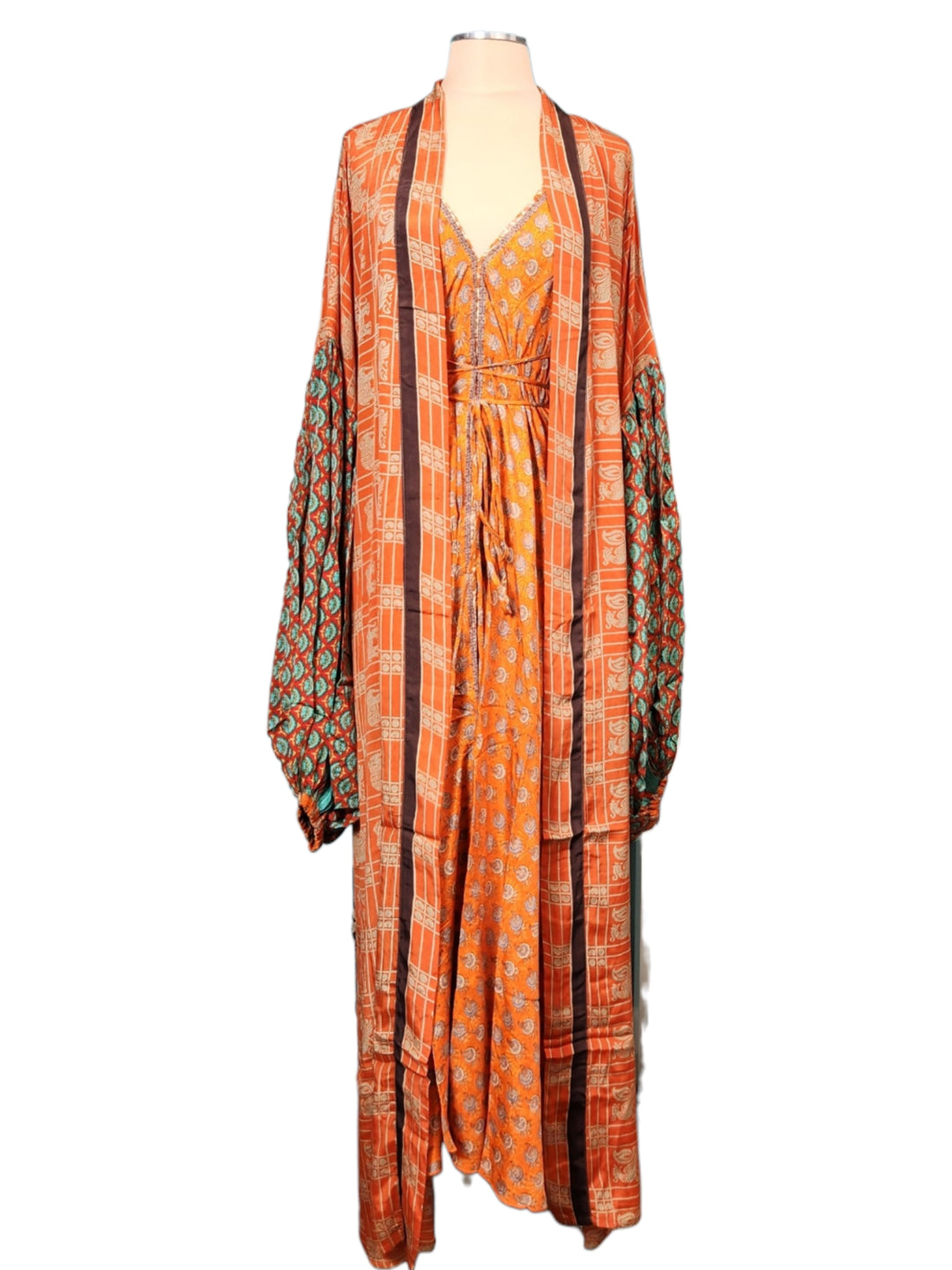 The Burnt Amber Silk Vault Tulip Arm Long Kimono & Point Dress Set-249