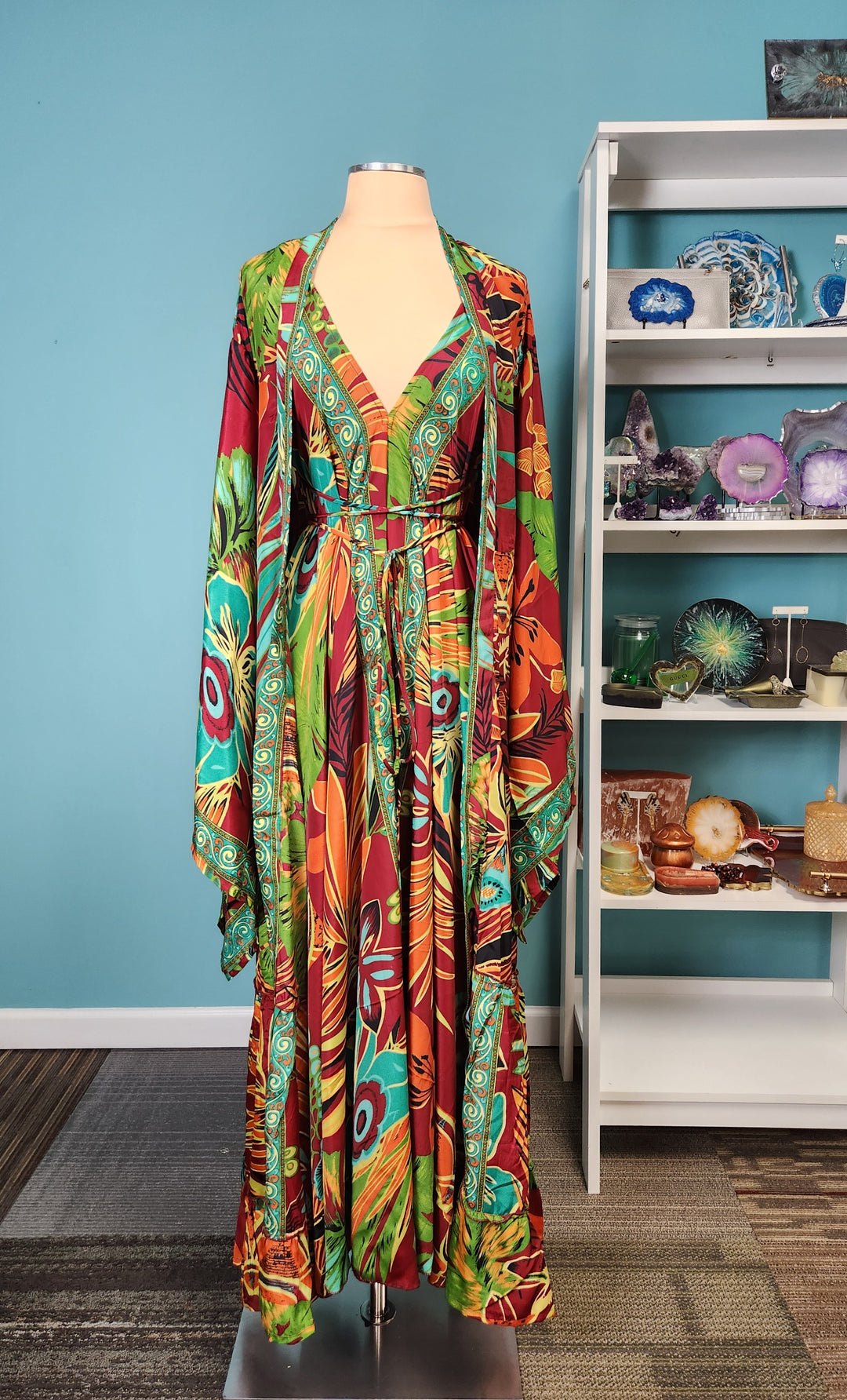 The Tropical Ember Silk Kimono & Point Dress Set
