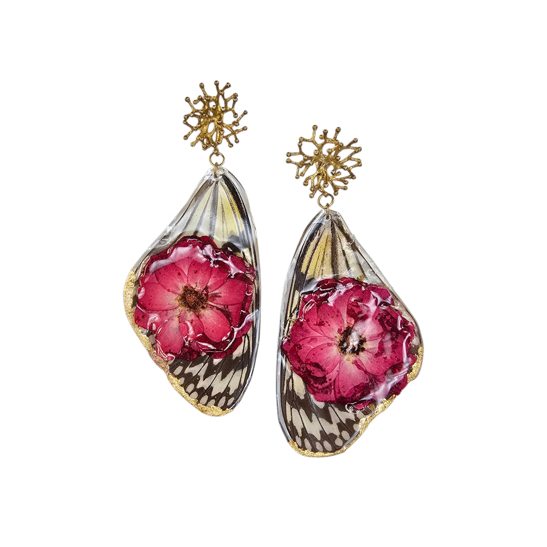 The Paperkite Real Butterfly Red Flower Post Earrings