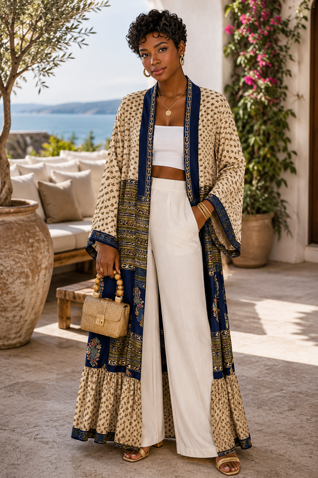 The Beige and Royal Blue Vintage Sari Silk Kimono-107