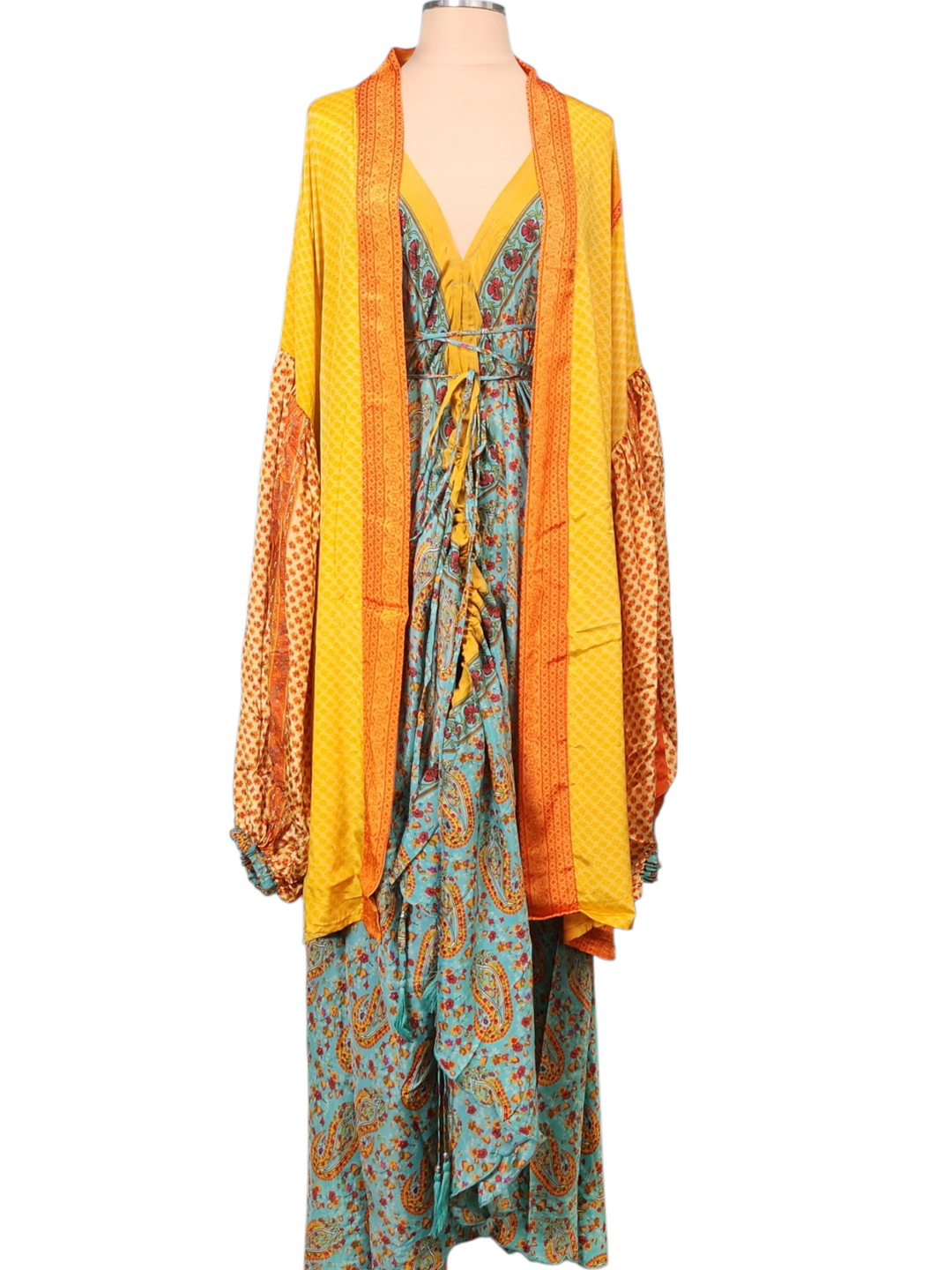 The Turquoise Sunrise Silk Vault Tulip Arm Short Kimono & Point Dress Set-217
