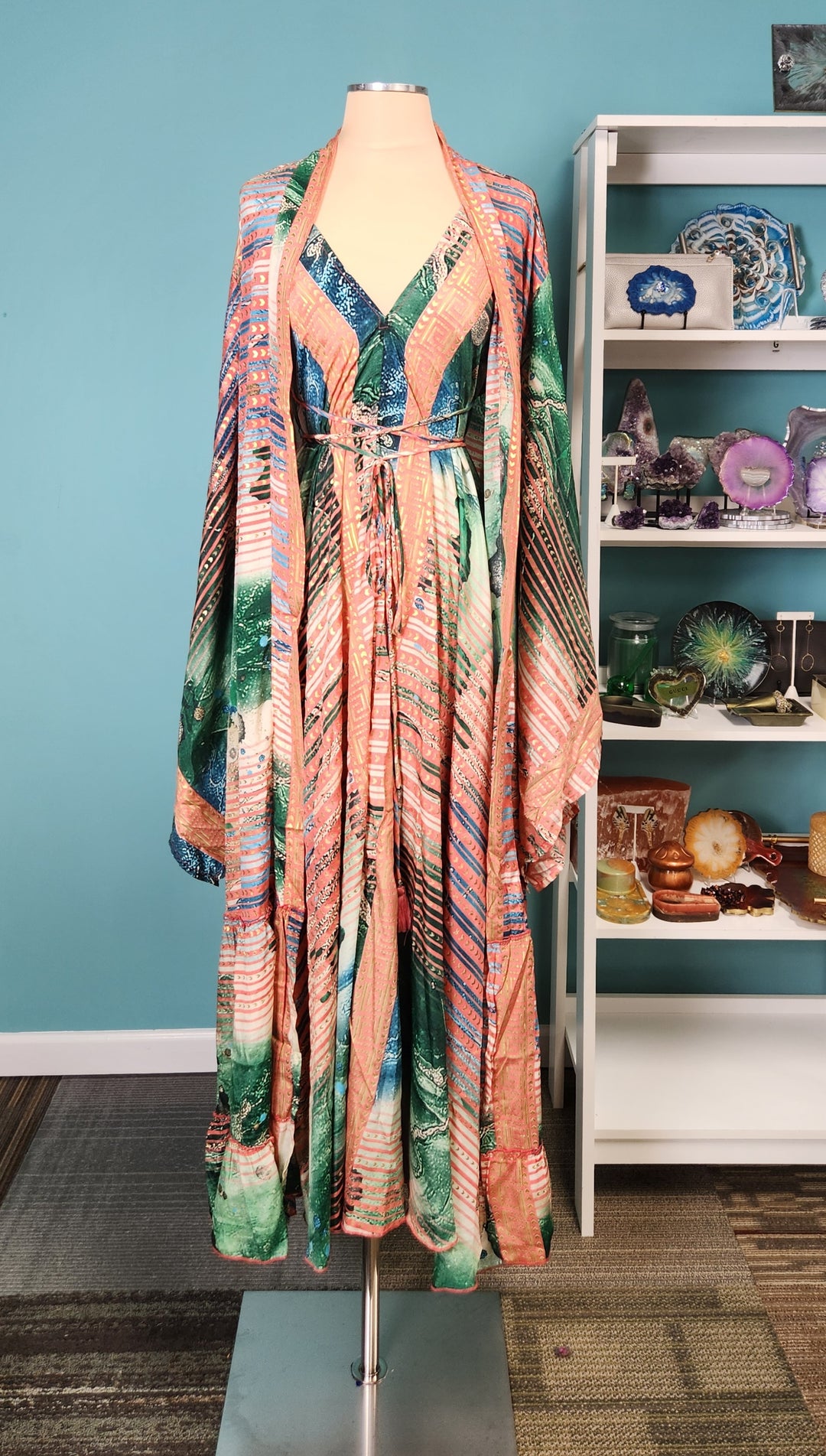 The Emerald Oasis Silk Kimono & Point Dress Set - 206