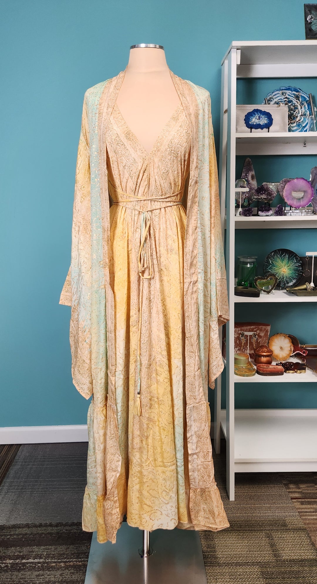 The Golden Serenity Silk Kimono & Point Dress Set - 205