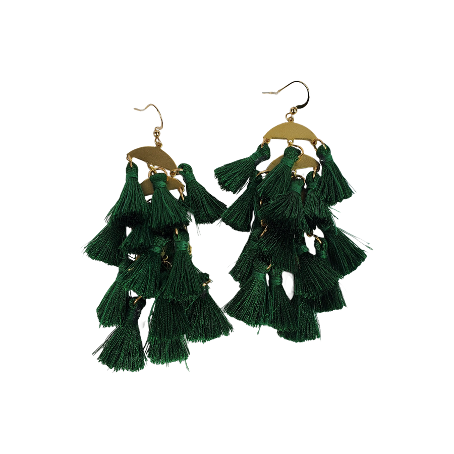 The Andell Five Tier Mini Green Tassel Earrings